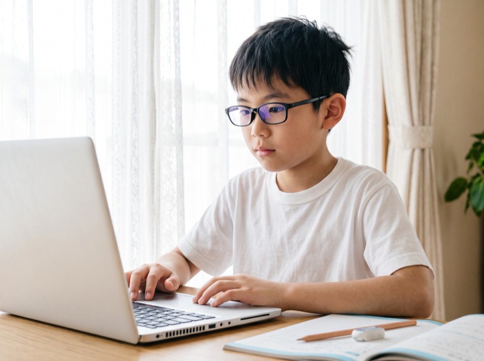 ノートパソコンで真剣に学習する男の子