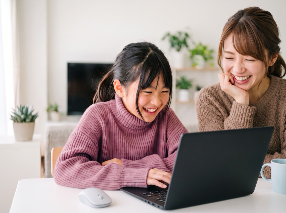 ノートパソコンの前で笑い合うお子さまと保護者