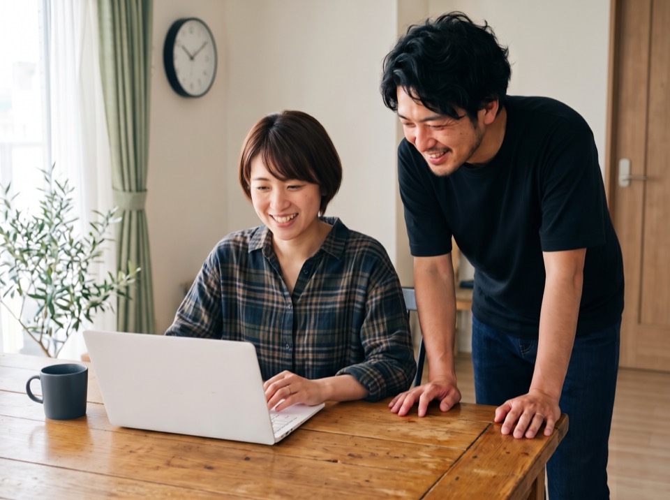 ノートパソコンの画面を一緒に見る父親と母親